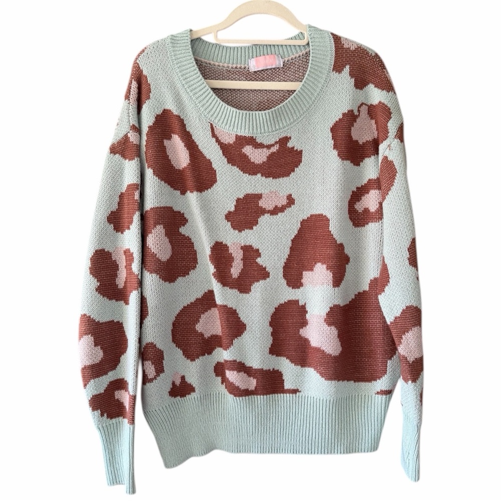 C+D+M Collection Women’s Mint Green Leopard Print Knit Sweater Size Large